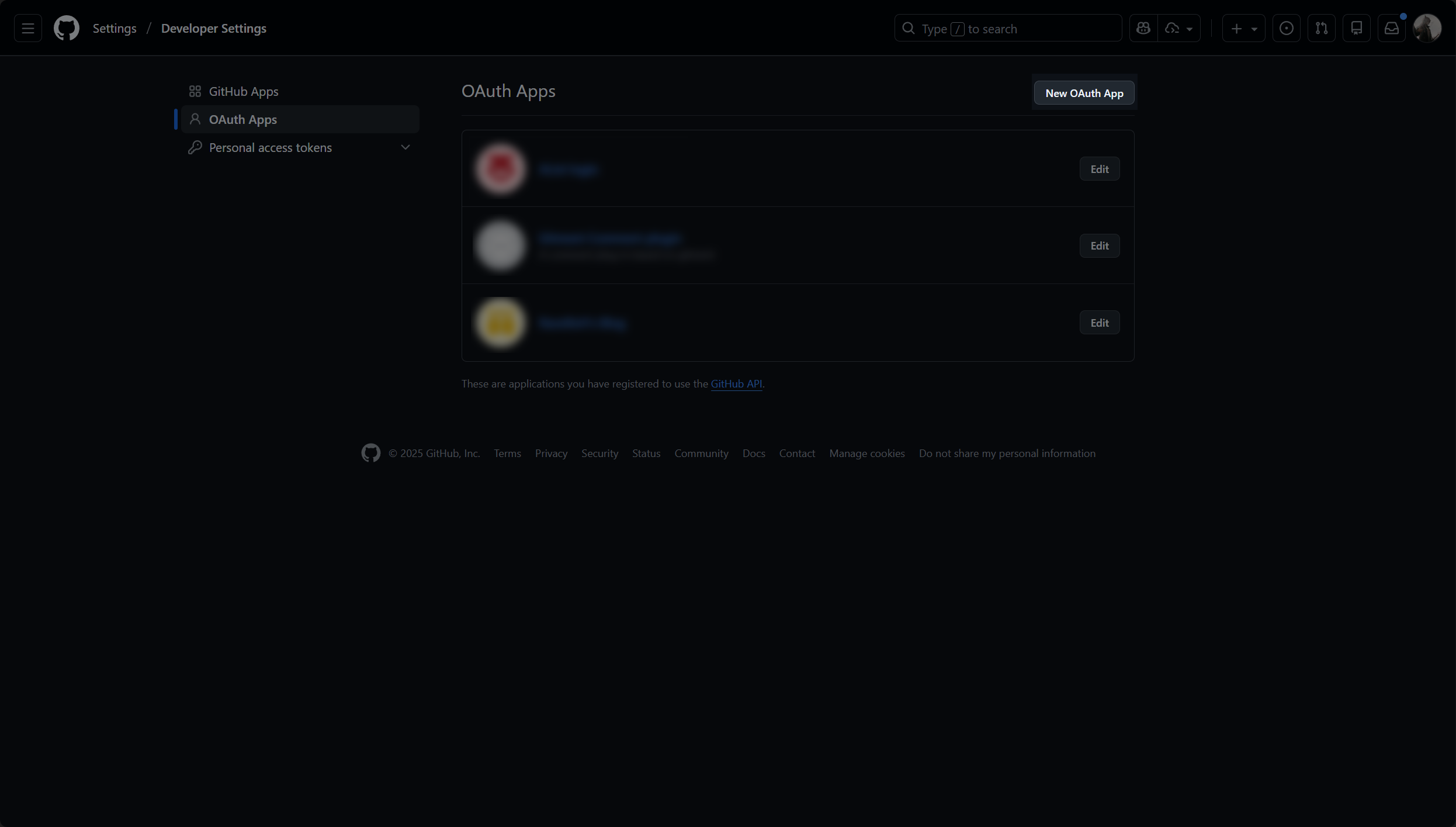 GitHub Developer Settings 页面